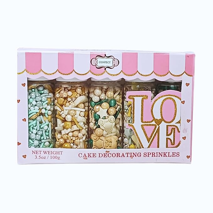 Confect Neutral Baby Shower Sprinkles | Mix Baby Onesie, Bib, Teddy & Heart Sprinkles | Gender Reveal Sprinkles | Edible Pack of 5 Cake Decorating Sprinkle - 5 Oz