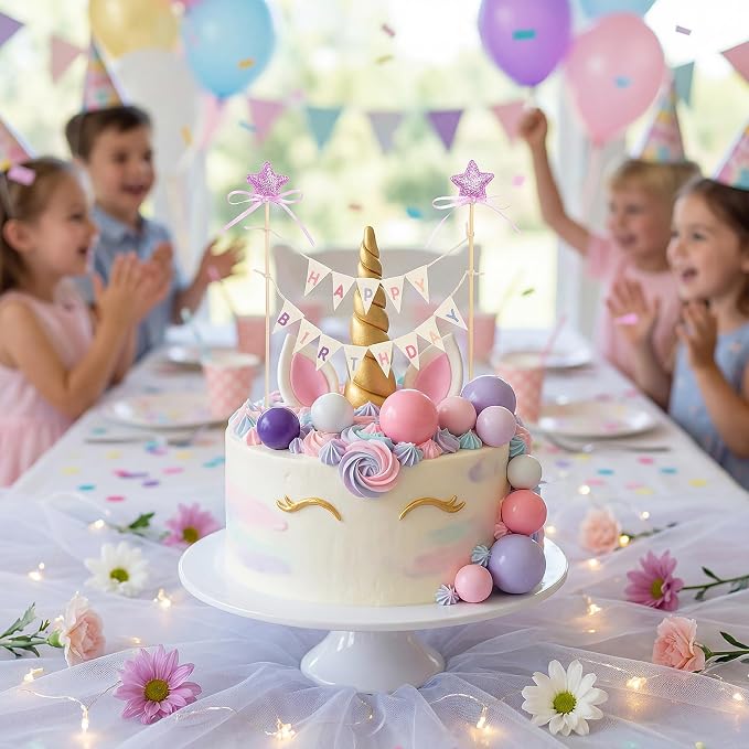 31 Pcs Happy Birthday Cake Topper Cake Bunting Topper Banner with Wood Pole Rainbow Garland with Bow Ribbon Balloon, Mini Cupcake Decor for Birthday Baby Shower (Purple,Pink,Blue)