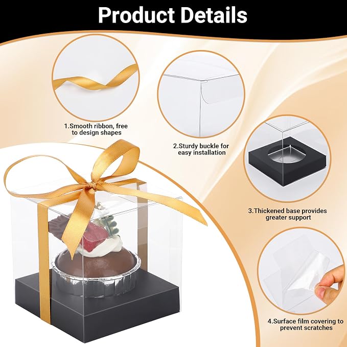 EUSOAR Cupcake Containers, 12 Pcs 3.5 Inch Single Individual Pastry Cupcake Boxes Transparent with Inserts, Clear Dessert Muffin Holder Disposable Cake Carrier for Wedding Party Favor Decor-Black/Gold