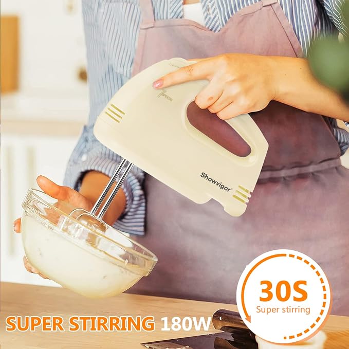 Handmixer Electric Handheld - 7 Speed Portable Kitchen Mixer Electric with 5 Stainless Steel Accessories Whisk, Food Beater for Whipping Mixing Cookies Cakes Eggs, Beige