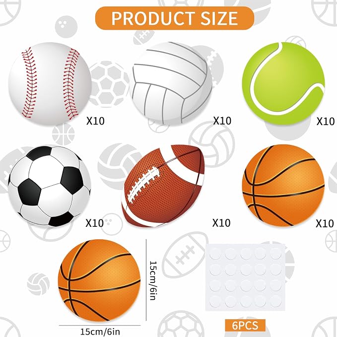 Vuzvuv 60Pcs 6In Paper Sports Ball Cut-Outs Basketball Football Volleyball Tennis Soccer Baseball Cutouts with 120Pcs Adhesive Sheets,Ball Cut Outs Bulletin Board Decorations for Wall