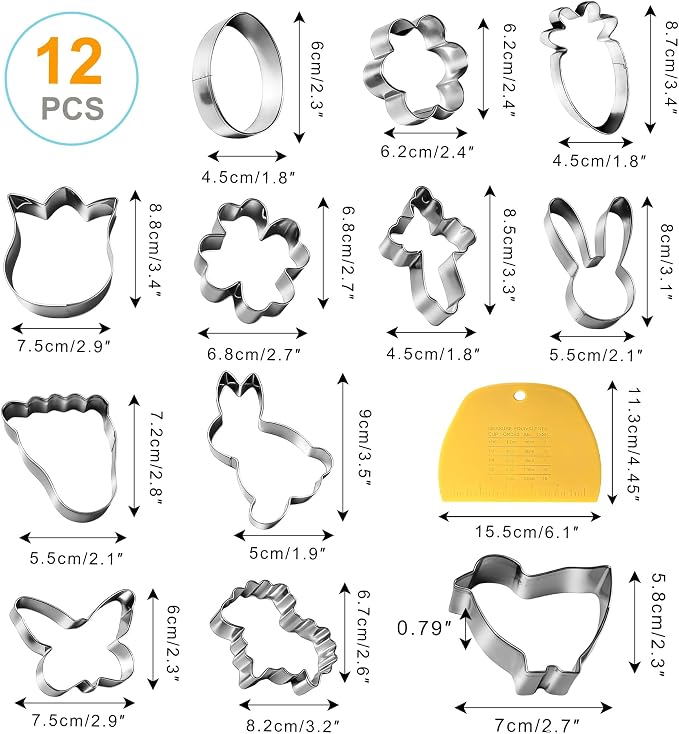 Easter Cookie Cutter Set - 12Pcs Mini Cookie Cutters Variety Pack with Dough Scraper, Stainless Steel Cookie Mold for Biscuits, Fondant, Sandwiches and Pancakes, Style A