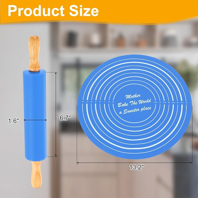 uxcell 6.7 Inch Silicone Rolling Pin and Pastry Baking Mat Set Small Dough Roller with Wood Handle for Pizza Pastry Fondant Home Kitchen, Blue