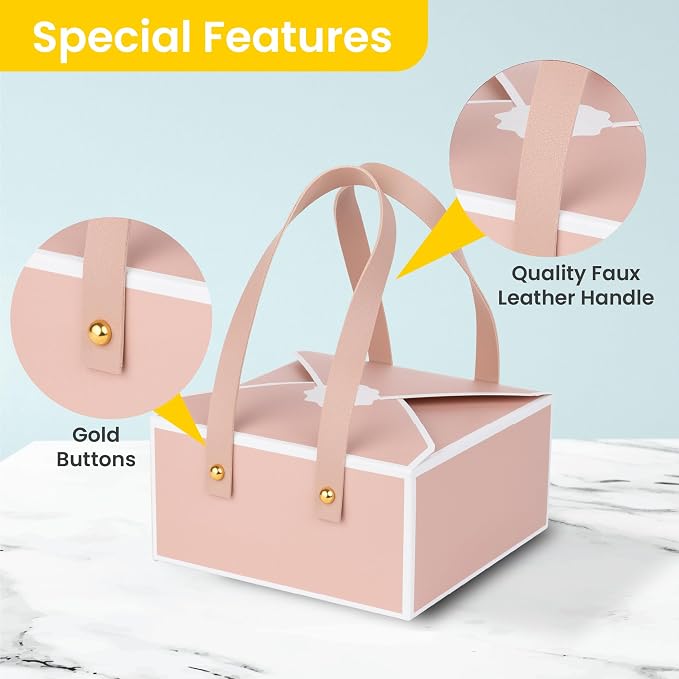 Hammont Cookie Boxes for Gift Giving - 4 Pack of Bakery Boxes, Easy to Assemble Decorative Cardboard Luxury Box with Faux Leather Handle Jewelry, Chocolate and Candy 5x7x3 Inches (Pink) (HM1781)