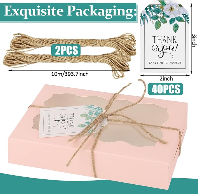 40 Pack Cookie Boxes with Clear Window, 7 x 4 3/8 x 1½ Inch Small Pink Kraft Candy Boxes Premium Pastry Boxes with Tags Ropes for Cookie Packaging, Dessert, Donuts, Pie, Cupcakes, Parties