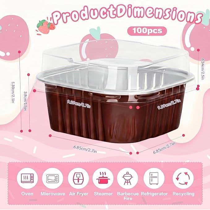 100Pack 5oz Brown Mini Cake Pans with Lids Baking Cups Aluminum Foil Pans Tins, Individual Dessert Cups Containers for Sales,Party,Picnics