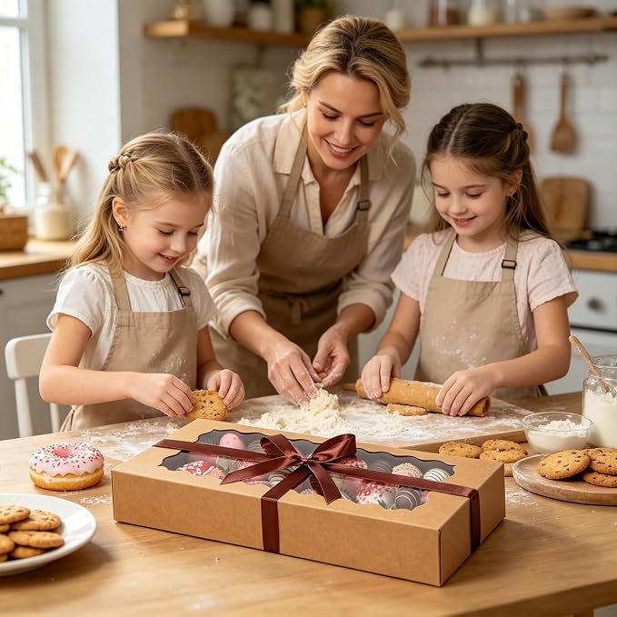24 Pack Bakery Boxes with Window, 16x6.5x2.5 Inch Brown Auto-Popup Cookie Box with Ribbon and Sticks, Long Treat Boxes for Cookies for Strawberries, Champagne, Cake Pops, Donuts