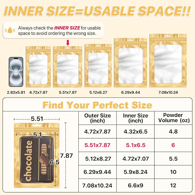 ANZNKU 100 PCS Resealable Mylar Bags with Frosted Clear Window Packaging Bags Foil Pouch Zipper Bag for Food Self Sealing Storage Supplies (5.51x7.87, Light Gold)