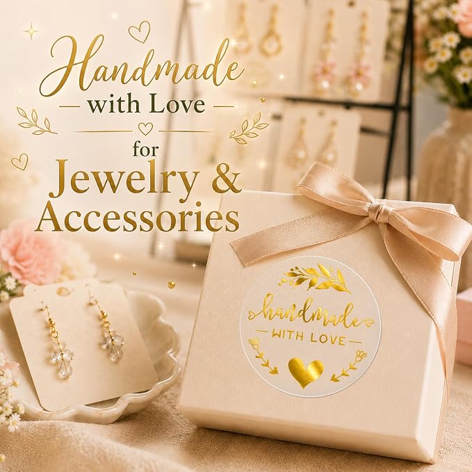100PCS Handmade with Love Stickers, Transparent Gold Foil Labels for Boutique Small Business Packaging, Elegant Gift Wrapping Seals for Candle Bakery Soap Handmade Orders, 1.6"