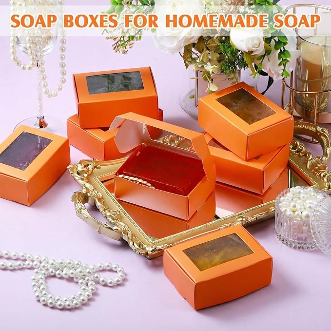 Zonon 30 Pcs Soap Boxes for Homemade Packaging, Mini Kraft Boxes with Window for Bakery Candy Soap Making Gift Packaging, 3.7x2.6x1.4 Inch (Orange)