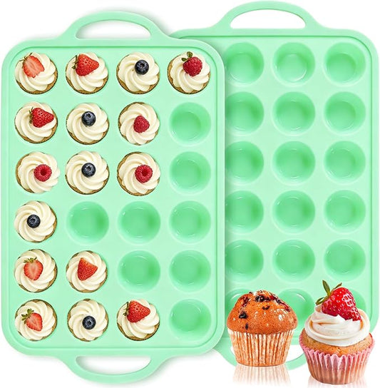 2 Pack Silicone Mini Muffin Pan, 48 Cups Mini Cupcake Pans with Metal Reinforced Frame and Handle, Silicone Baking Molds for Egg Bites Pie Mini Cheesecake Jello Pudding Brownie Wedding Cupcake