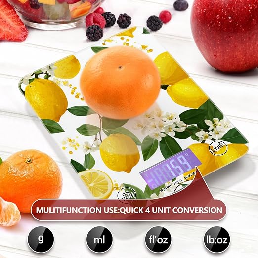 Food Scale Kitchen Scale for Baking Cooking Digital Food Weighing Measuring Scale Small Waterproof Electric Food Scale Yellow Lemon Flowers