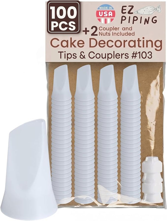 Reusable Plastic Piping Tips Standard Size Petal Tip #103 100 Pack with 2 Couplers Petal Tip Icing Nozzle for Cake Decoration, Dessert, Baking Supplies & Piping Bags Base Ø 0.75"Height 1.25"