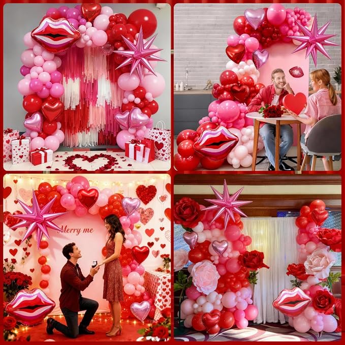 Valentines Day Balloon Arch Kit Hot Pink Red Balloon Garland with Lip Heart Star Foil Balloons Rose Red Baby Light Pink Galentines Party Decorations for Proposal Engagement Wedding Mothers, 97Pcs