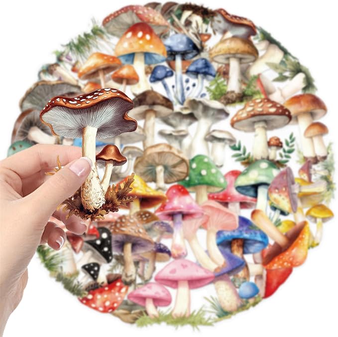 Transparent Mushroom Stickers,50pcs Vintage Mushroom Sticker Waterproof PET Stickers for Scrapbook Journaling Photo Album Collage Card Nature Colorful Agaric Sticker for Teens and Adults(colourful-B8)