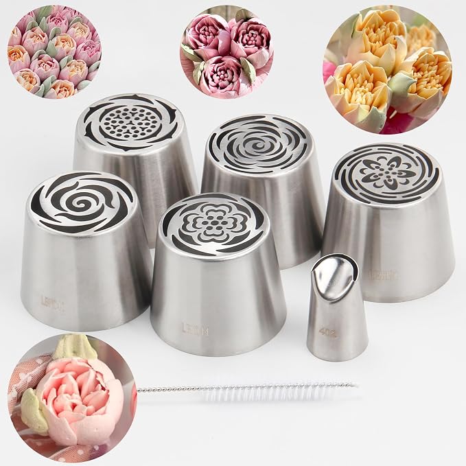5pack Russian Piping Flower Nozzles Extra Large, Stainless Steel Rose Floral Piping Nozzles for Cake Decorating Icing, Cream Flower Bouquet DIY Cookies, Desserts Baking Tools (XXL, 5A）