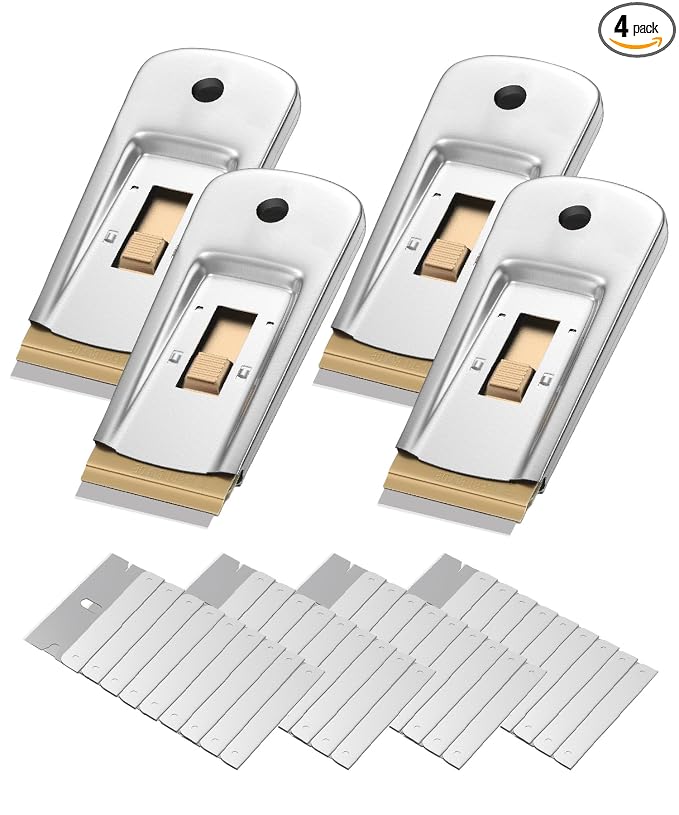 Bates- Metal Razor Blade Scraper Tool, 4 Pack, 40 Extra Carbon Steel Blades, Stainless Steel Heavy-Duty Cleaning Razor Scraper Tool