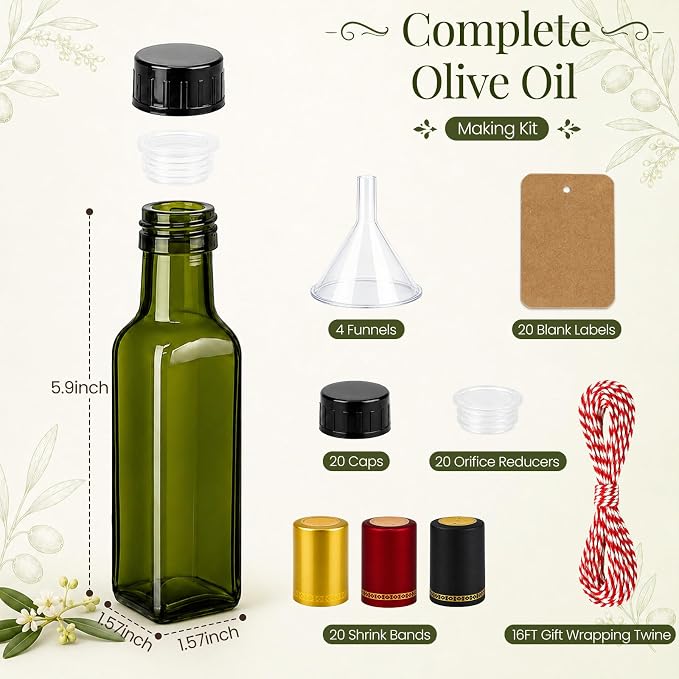 TBWIND 18 Pack 3.5oz (100ml) Olive Oil Bottles with Airtight Caps | Includes Shrink Bands, Labels & Funnels; Ideal for Vanilla Extract, Tinctures, Limoncello, Syrups & Gift Giving