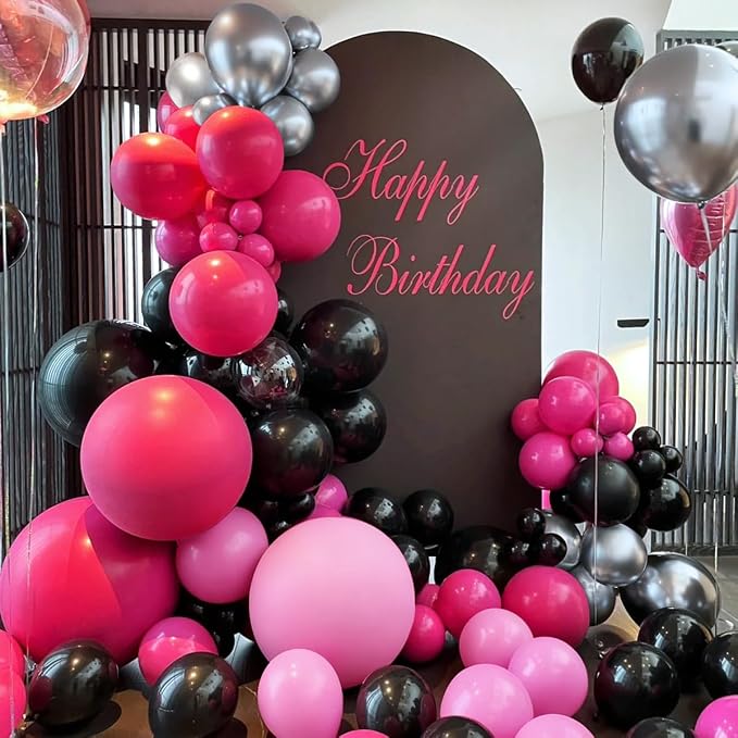 MEBAY Hot Pink Black Silver Balloon Garland Arch Kit, 166Pcs Red Black Pink Silver Balloons for Birthday Graduation Baby Shower Wedding Anniversary Bachelorette Party Decorations