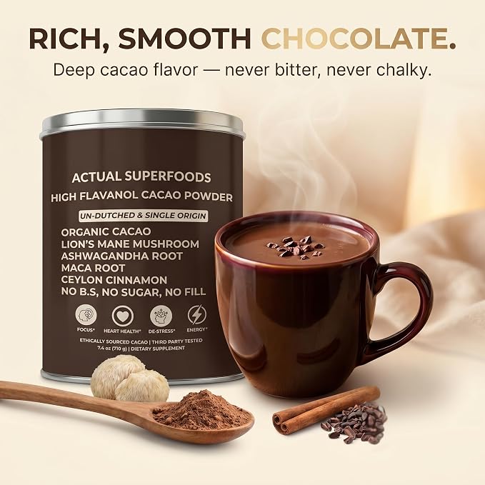 High Flavanol Cacao Powder Blend - Flavanols & Flavanoids - Organic Coffee Alternative with Lions Mane, Ashwagandha, Maca & Ceylon Cinnamon - 7.4 ounces - Morning Focus & Energy Ritual