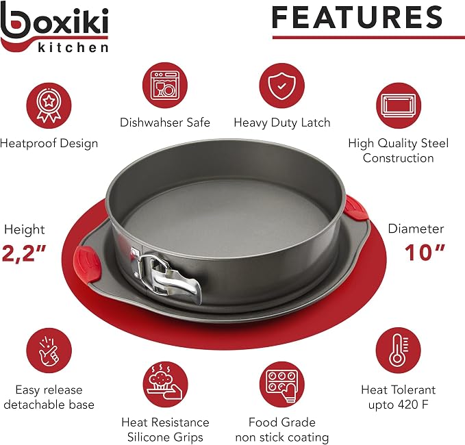 Boxiki Kitchen 10 Inch Nonstick Springform Pan, Professional Spring Form and Cheesecake Baking Mold, Leakproof Cake Pan with Silicone Handles