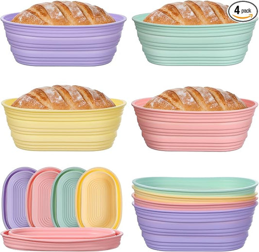 4 Pcs Silicone Bread Proofing Baskets, 10 Inch Foldable Oval Banneton Basket Sourdough Bread Baking Supplies Dough Proofing Bowl for Making Breads (4 Colors)