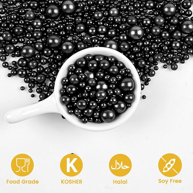 Edible Black Pearl Sugar Sprinkles, Black Pearl Sprinkles for Cake Decorating, 180g/6.35oz, Cupcake Toppers, Cake Decorations, Ice Cream, Wedding Party Halloween Supplies