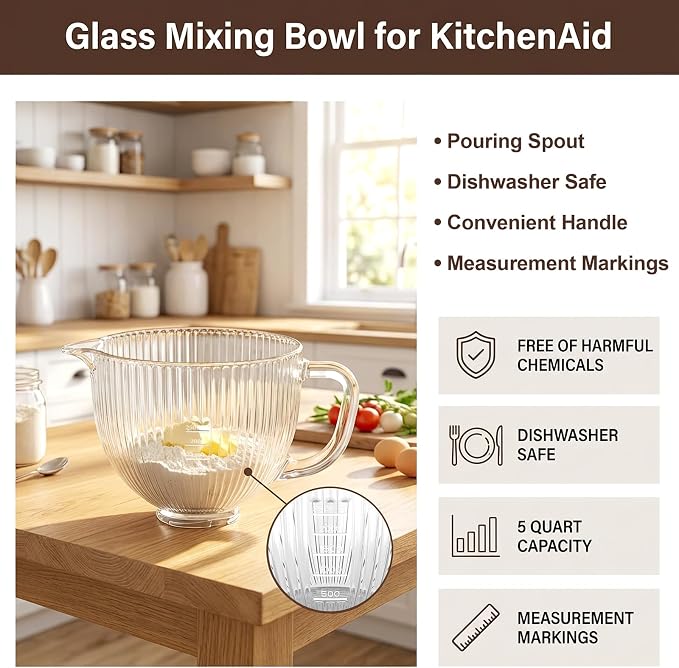 InnoMoon Glass Mixer Bowl for KitchenAid Tilt-Head Stand Mixers | 5Qt Replacement Mixing Bowl with Handle, Measurement Markings & Pour Spout, Glass Bowl for Kitchen Aid 4.5-5 Quart Models