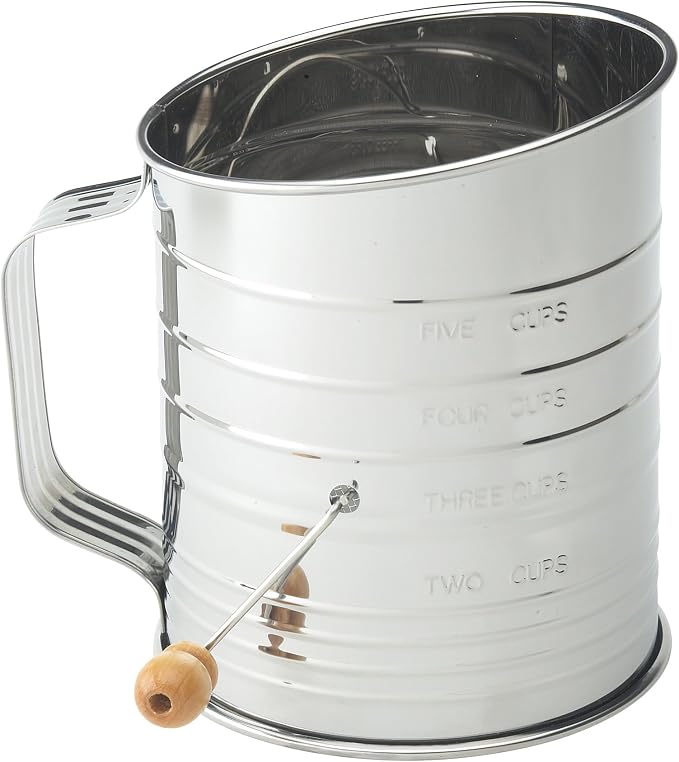 Mrs. Anderson's Baking Hand Crank Flour Sifter, Stainless Steel, 5-Cup Capacity, For Breaking Up Clumps And Aerating Flour And Powdered Sugar