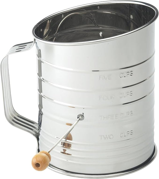 Mrs. Anderson's Baking Hand Crank Flour Sifter, Stainless Steel, 5-Cup Capacity, For Breaking Up Clumps And Aerating Flour And Powdered Sugar