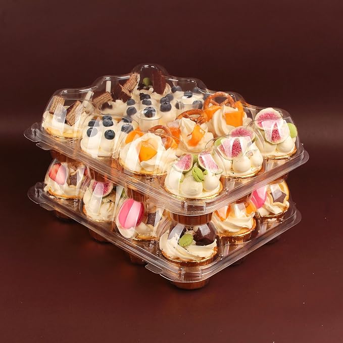 24 Count Cupcake Containers with Tall Dome Lids, 20 Pack Clear Plastic Stackable Cupcake Boxes, Detachable Covers for Frosted Cupcakes, Standard Size Cupcake Carrier for Parties, Bake Sales, Events