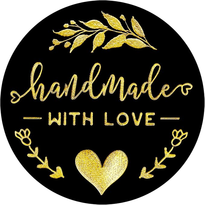 100PCS Handmade with Love Stickers, Black Gold Foil Labels for Small Business Packaging, Bakery Cookies, Gift Wrapping, Candy Table, Wedding Baby Shower Party Favor Stickers.1.6 inch (Black+Gold)
