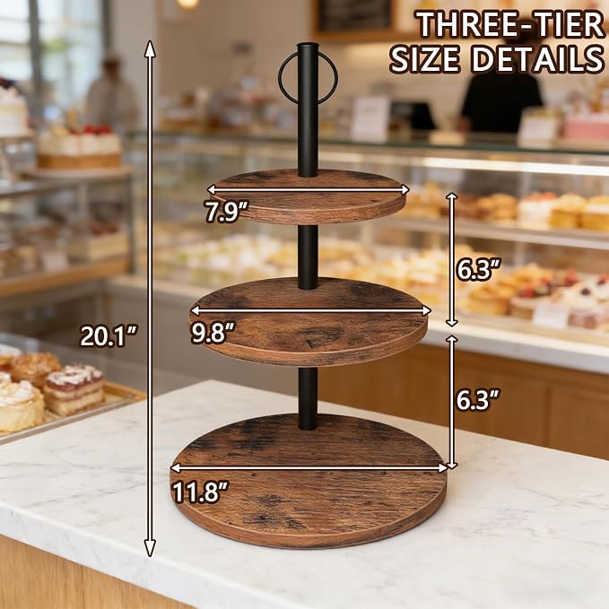 Cupcake Stand, 3 Tier Cake Stands Rustic Wood Cupcake Tower Round Tiered Tray Stand for Dessert Table Display, Industrial Wooden Serving Stand Wedding, Graduation and Baby Shower