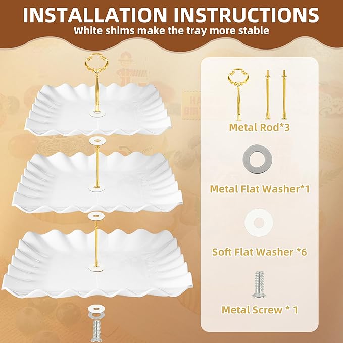 10 Pack Dessert Table Display Set, 4 Three-Tier Square Cupcake Stands and 6 Serving Trays for Cakes, Cupcakes, Pastries and Snacks, Baby Shower Decorations, Bridal Shower, Birthday, Wedding Party