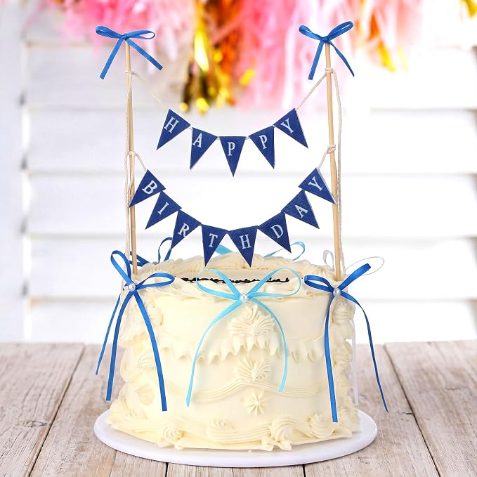 Honeydak Blue 11 Pcs Bow Ribbon Cake Topper Happy Birthday Cake Bunting Topper with Wood Pole Handmade Pennant Flags with Bows Ribbon for Birthday, Bridal Party Decoration