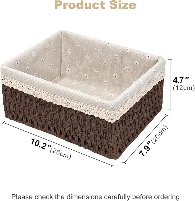 Large Wicker Storage Basket with Liner, Hand-Woven Paper Rope Rattan Organizer Bin for Pantry, Countertop, Bathroom, Bedroom, Shelves (Dark-Brown, L)