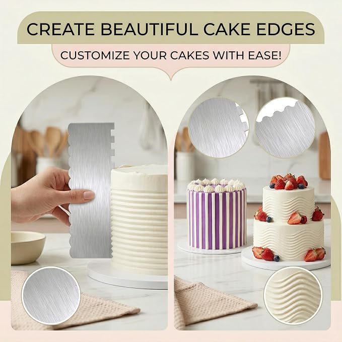 JJUNW 2 Pcs Stainless Steel Cake Scraper, Cake Scrapers Smoother Alisador De Pasteles, Double Sided Patterned Edge Stripe Smoother Scrapers For Butter Mousse Cream Decoration