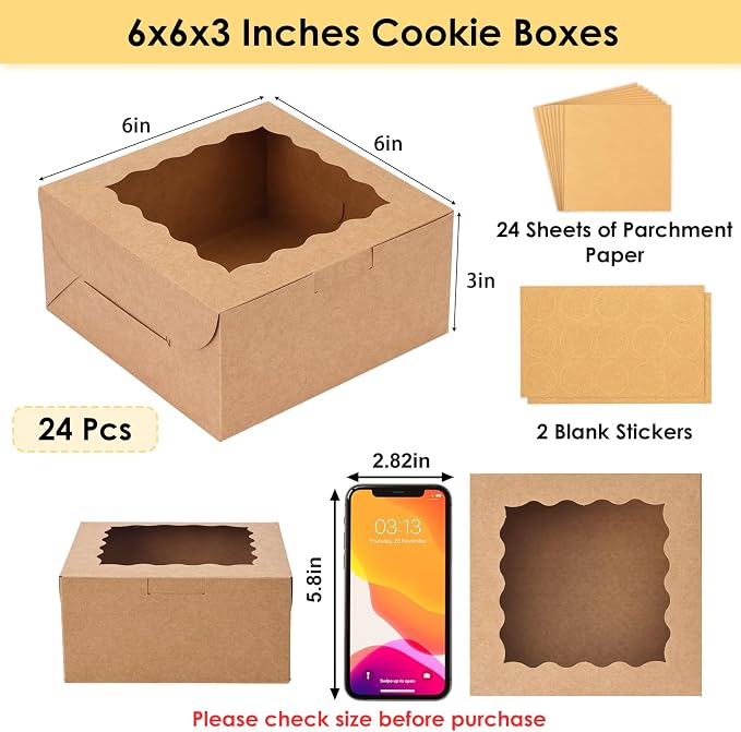 Moretoes 24pcs Bakery Boxes, 6x6x3in Brown Cookie Boxes, Mini Cake Boxes with Window, Pastry Boxes for Party, Wedding, Birthday Day (with 24 Sheets of Parchment Paper and 2 Blank Stickers)