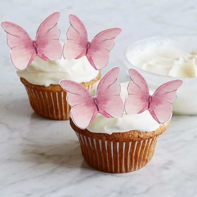 Ephlyn 48Pcs Edible 3D Butterfly Cupcake Toppers - Cute Cake Picks for Baby Shower, Bridal Shower, Birthday Party - Pink