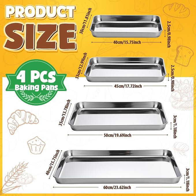 4 Pack Stainless Steel Sheet Baking Pans, 16/18/20/24 Inch Commercial Grade Cookie Sheets for Baking, Heavy Duty Stainless Steel Cookware Set, Non-stick, Non-toxic