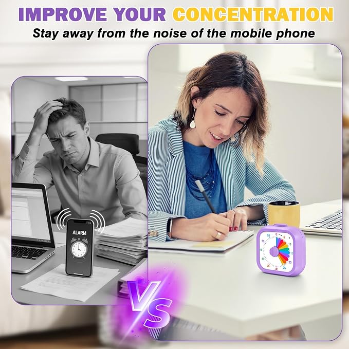 Mwellewm Visual Timer for Kids, 60 Minute Time Digital Pomodoro Timer Countdown with Silent Pause Function for Classroom Kitchen Study Cooking Meetings ADHD Rainbow Pattern(Square Purple)