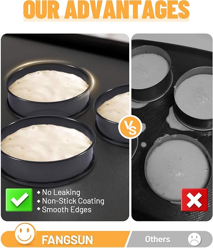 FANGSUN English Muffin Ring 4 Inches, Crumpet Rings Non-stick, Double Rolled Stainless Steel Ring Molds for Cooking Set of 6, Round Baking Egg Rings for Food, Breakfast, Metal Pastry Tart Rings