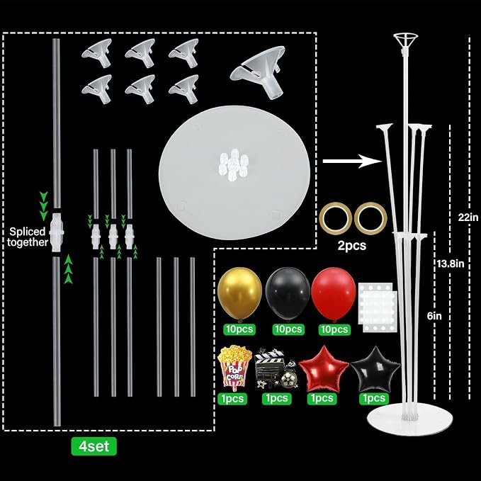 4 Sets Movie Night Party Balloons Stand Kit with Popcorn Clapboard Star Foil Balloons Red Black Gold Themed Party Balloon Centerpiece for Tables for Birthday Camera Film Party Movie Themed Decorations