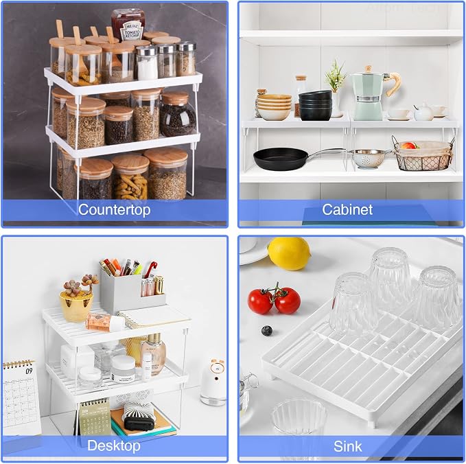 NiHome 4-Pack Stackable Plastic Kitchen Storage Shelf Foldable Rack, White | Stackable Kitchen Cabinet Organizer and Storage Shelves, Expandable Storage Racks for Counter Cabinet Pantry