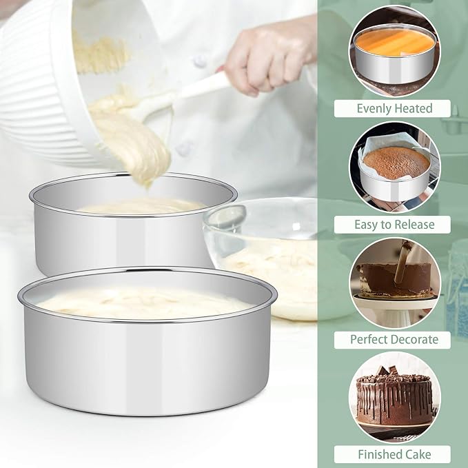 E-far 9½ x 3 Inch Round Cake Pans, Stainless Steel Deep Cake Baking Pan Tin for Birthday Wedding Party Chiffon Cheesecake, Healthy & Non-Toxic, Straight Side & Dishwasher Safe - Set of 2