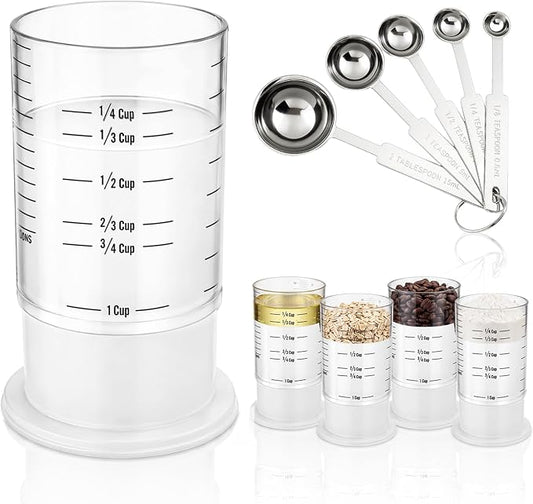 6 Pcs Adjustable Push up Measuring Cup Set Includes 2 Adjustable Measuring Cups and 5 Measurings Spoon for Peanut Butter Liquid Dry Semi Solid Ingredient Home Cooking Tool(6.5 * 10cm)