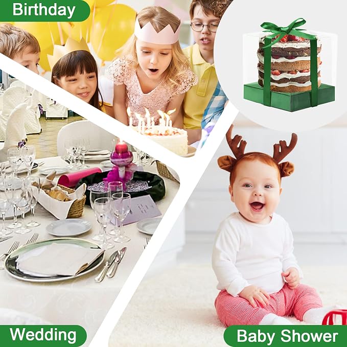 12 Pack Clear Plastic Cupcake Boxes, 3.5 Inch Gold Single Cupcake Containers Disposable Individual Cup Cake Carrier Holder Boxes with Inserts and Ribbon (Green)