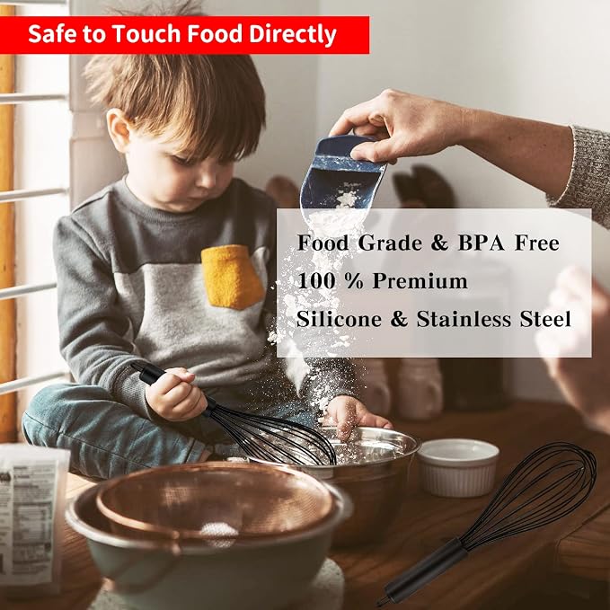 TEEVEA Silicone Whisk Set Non Scratch BPA Free for Nonstick Cookware, 3 Piece 8/10/12 Inch Stainless Steel Core Heat Resistant, Egg Beater for Cooking Baking, Black