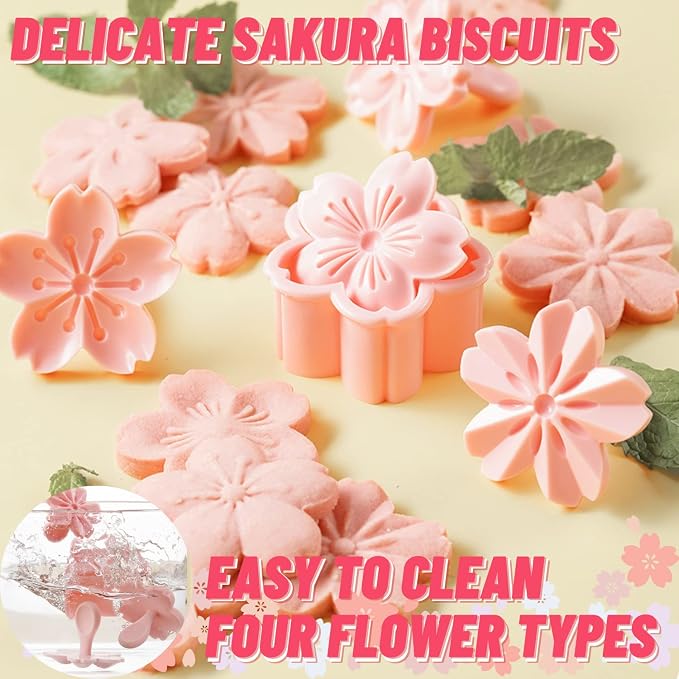 Crethinkaty 5 Styles Cookie Mold Stampers Cherry Blossom Pastry/Stamper Pink Cherry Blossom Shape Flower Hand Pressure Pastry Tool Fondant Cutters Set for Baking