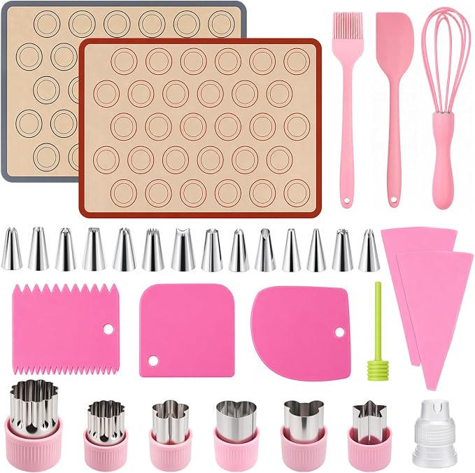 Supkiir 33 Pcs Macaron Silicone Baking Mats Kit, 2 Sheet Nonstick Macaroon Mat Silicone, 2 Piping Pastry Bag, 14 Piping Tip, 2 Coupler, 5 Scraper Set, 1 Egg Beater, 6 Embossing-Molds Macaron